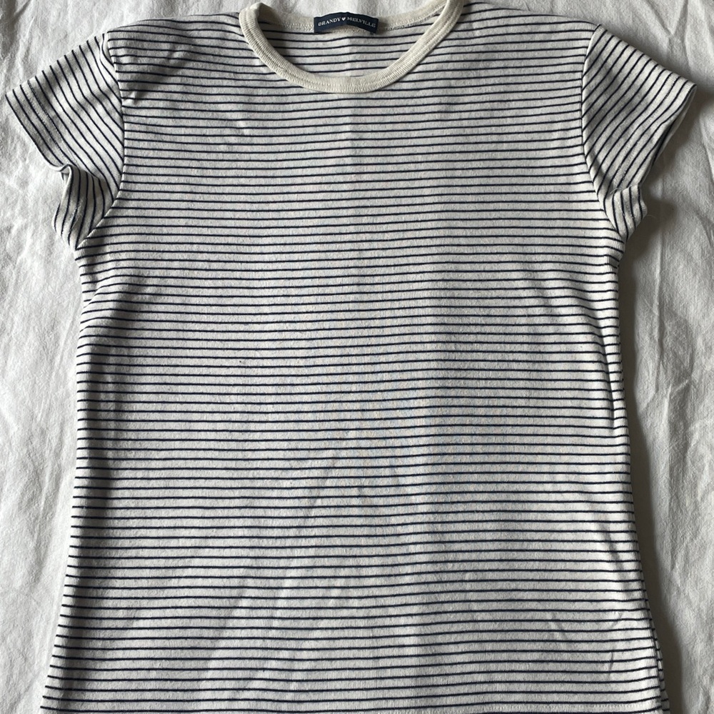 Brandy Melville White and Blue Fitted T-Shirt